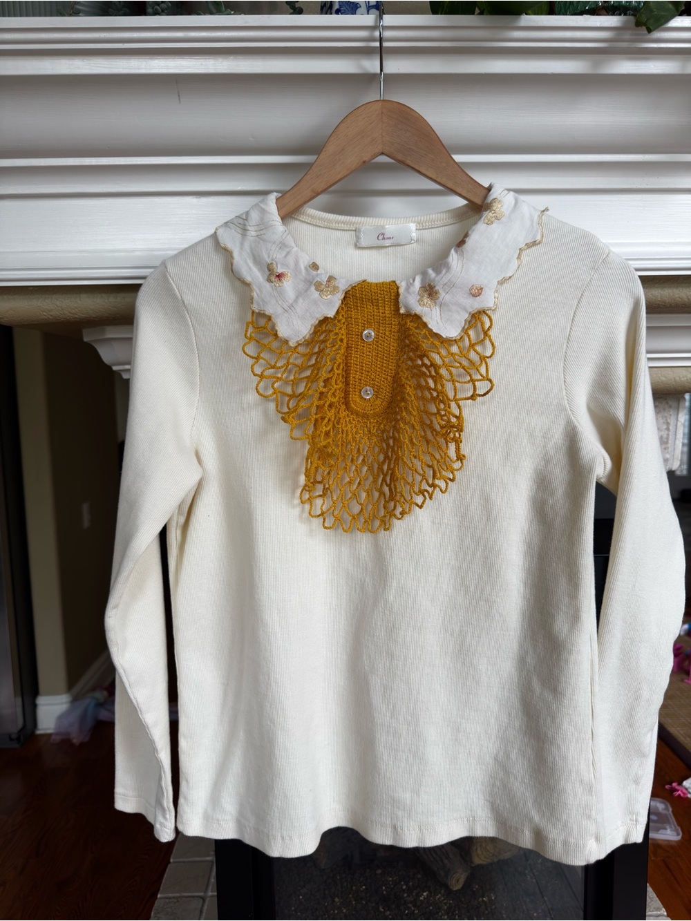 Cream and Mustard Peterpan and Crochet Collar Ribbed Long Sleeve Top Small - Picture 3 of 4